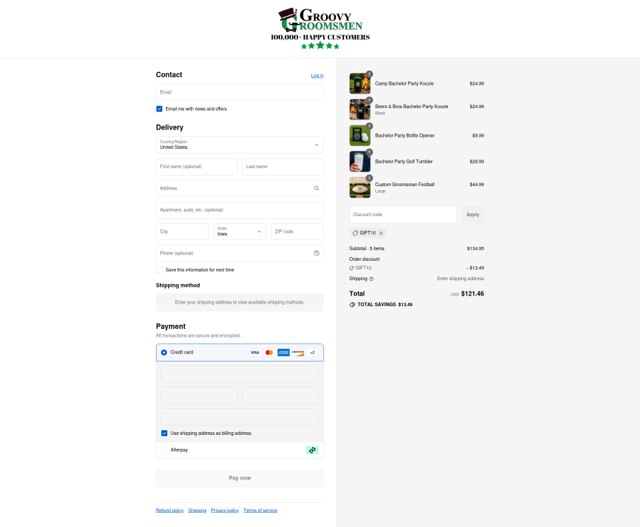 Groovy Groomsmen Gifts checkout page showing Groovy Groomsmen Gifts discount code box | Screenshot taken by SimplyCodes community member on Sep 8, 2025