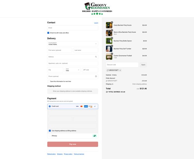 Groovy Groomsmen Gifts checkout page showing Groovy Groomsmen Gifts discount code box | Screenshot taken by SimplyCodes community member on Aug 31, 2025