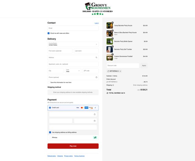 Groovy Groomsmen Gifts checkout page showing Groovy Groomsmen Gifts discount code box | Screenshot taken by SimplyCodes community member on Aug 31, 2025