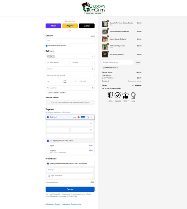 Groovy Guy Gifts checkout page showing Groovy Guy Gifts discount code box | Screenshot taken by SimplyCodes community member on Sep 9, 2025