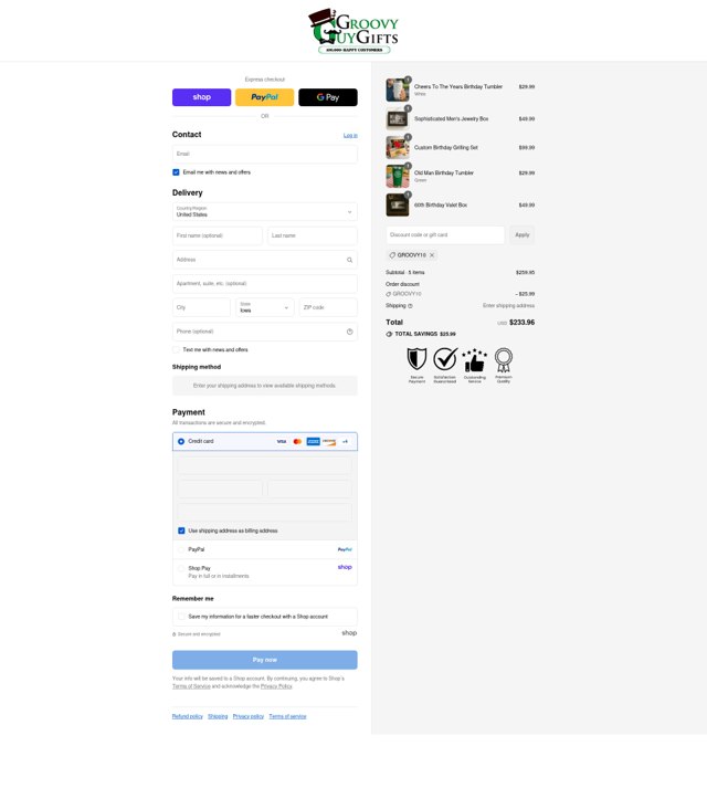 Groovy Guy Gifts checkout page showing Groovy Guy Gifts discount code box | Screenshot taken by SimplyCodes community member on Sep 9, 2025