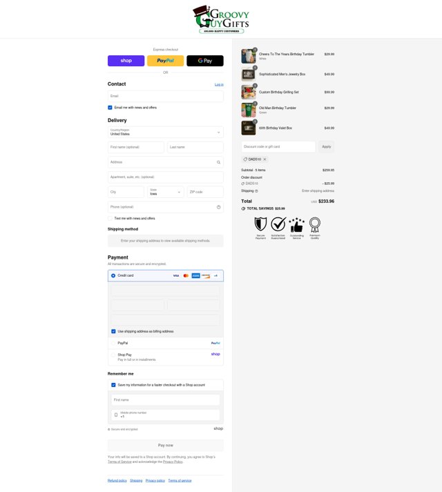 Groovy Guy Gifts checkout page showing Groovy Guy Gifts discount code box | Screenshot taken by SimplyCodes community member on Sep 9, 2025