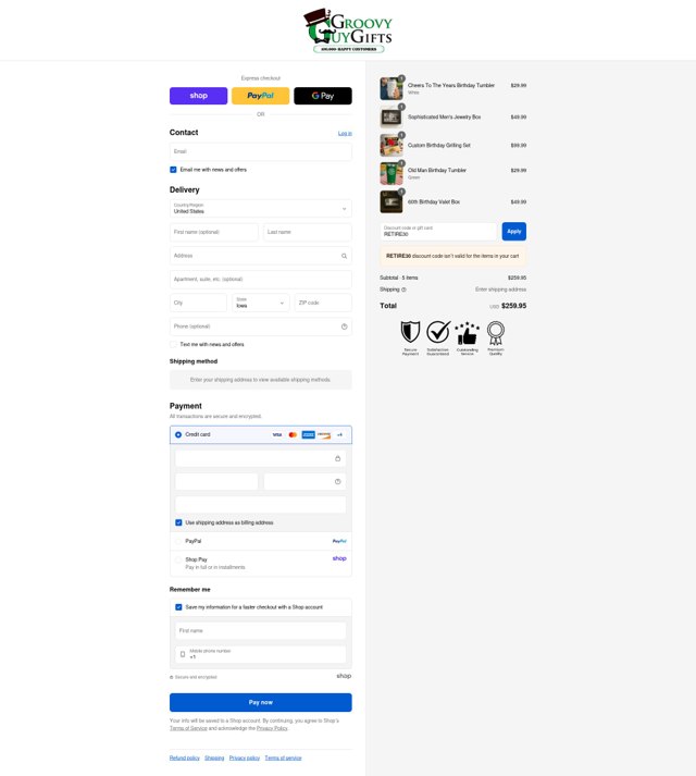 Groovy Guy Gifts checkout page showing Groovy Guy Gifts discount code box | Screenshot taken by SimplyCodes community member on Sep 9, 2025
