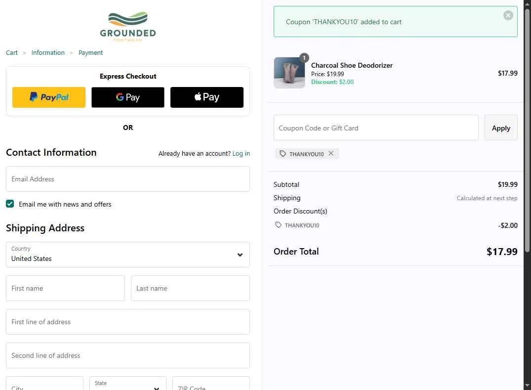 Grounded Footwear checkout page showing Grounded Footwear promo code box | Screenshot taken by SimplyCodes community member on Sep 3, 2025
