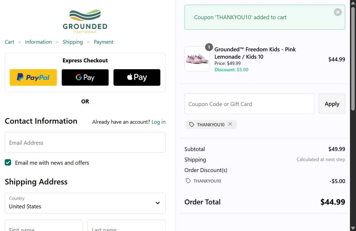 Grounded Footwear checkout page showing Grounded Footwear promo code box | Screenshot taken by SimplyCodes community member on Dec 29, 2025