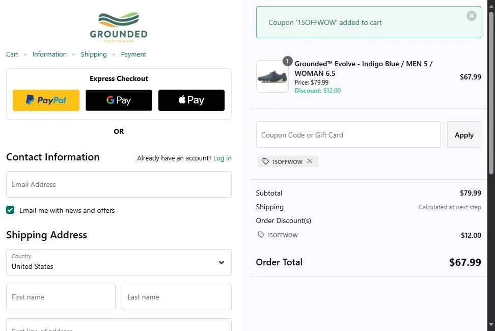 Grounded Footwear checkout page showing Grounded Footwear promo code box | Screenshot taken by SimplyCodes community member on Sep 30, 2025