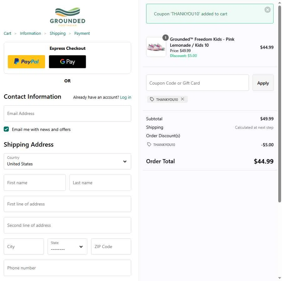 Grounded Footwear checkout page showing Grounded Footwear promo code box | Screenshot taken by SimplyCodes community member on Nov 30, 2025