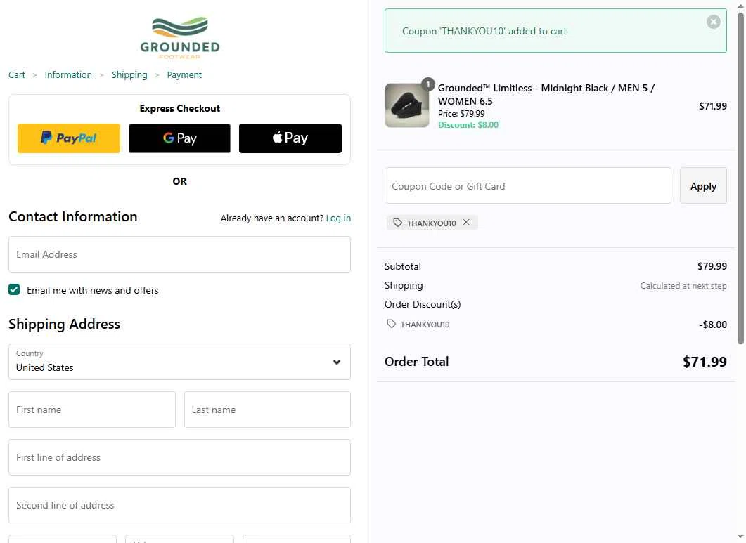 Grounded Footwear checkout page showing Grounded Footwear promo code box | Screenshot taken by SimplyCodes community member on Oct 31, 2025