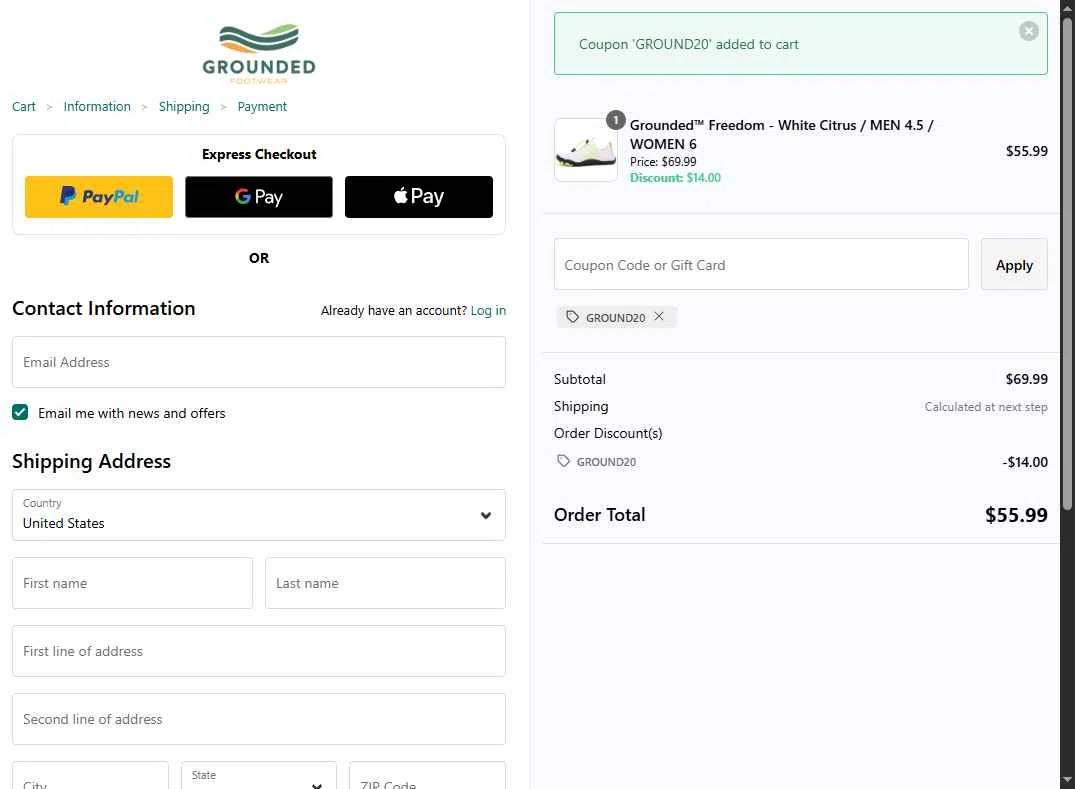 Grounded Footwear checkout page showing Grounded Footwear promo code box | Screenshot taken by SimplyCodes community member on Dec 18, 2025