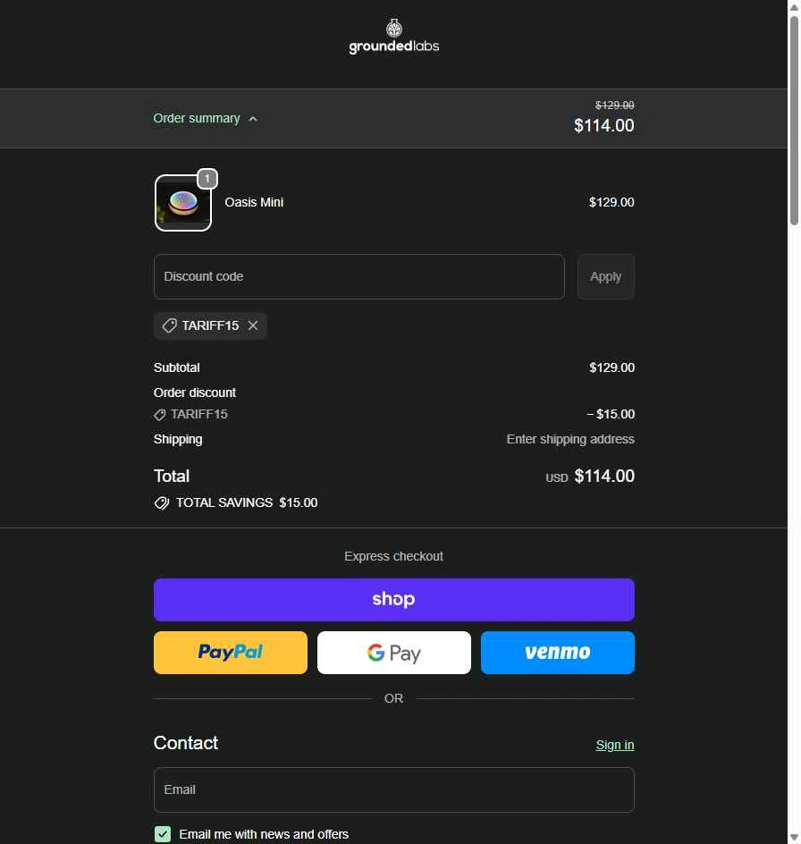 Grounded Labs checkout page showing Grounded Labs discount code box | Screenshot taken by SimplyCodes community member on Oct 2, 2025