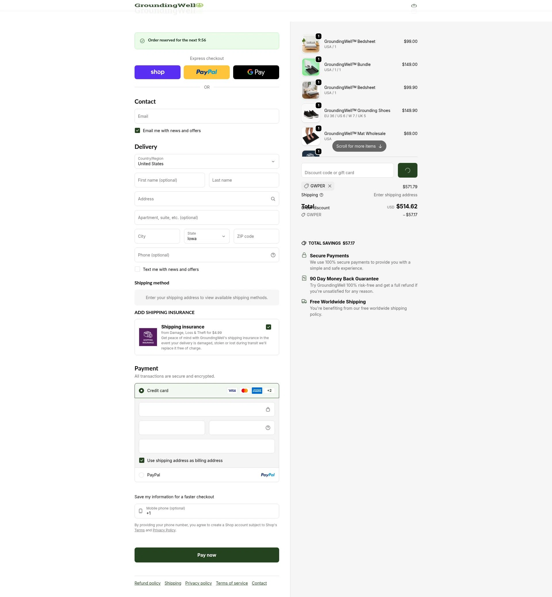 GroundingWell checkout page showing GroundingWell discount code box | Screenshot taken by SimplyCodes community member on Feb 19, 2026