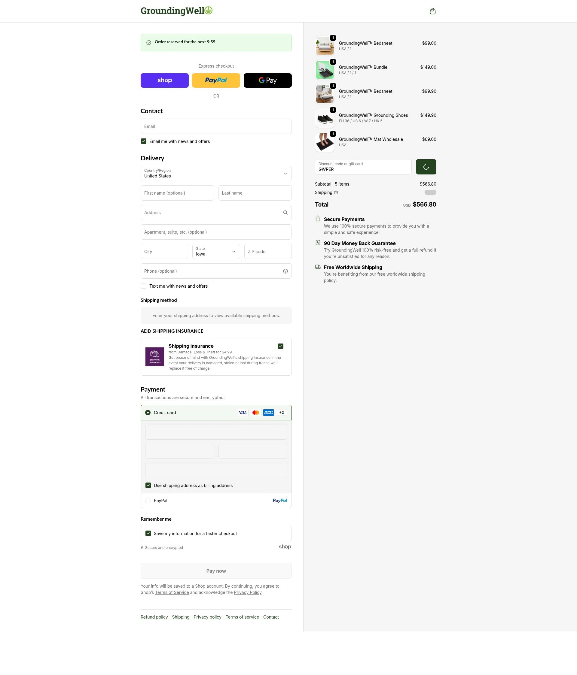 GroundingWell checkout page showing GroundingWell discount code box | Screenshot taken by SimplyCodes community member on Jan 29, 2026