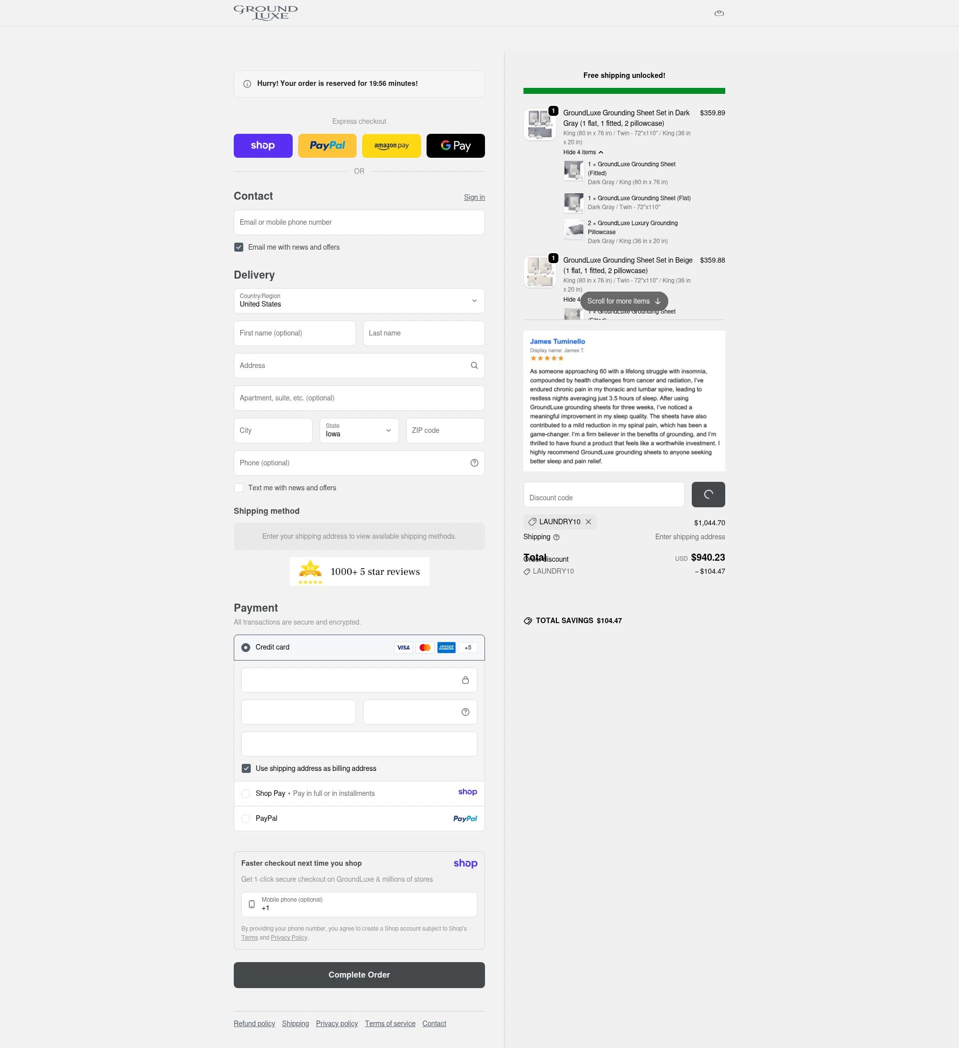 GroundLuxe checkout page showing GroundLuxe discount code box | Screenshot taken by SimplyCodes community member on Jan 8, 2026