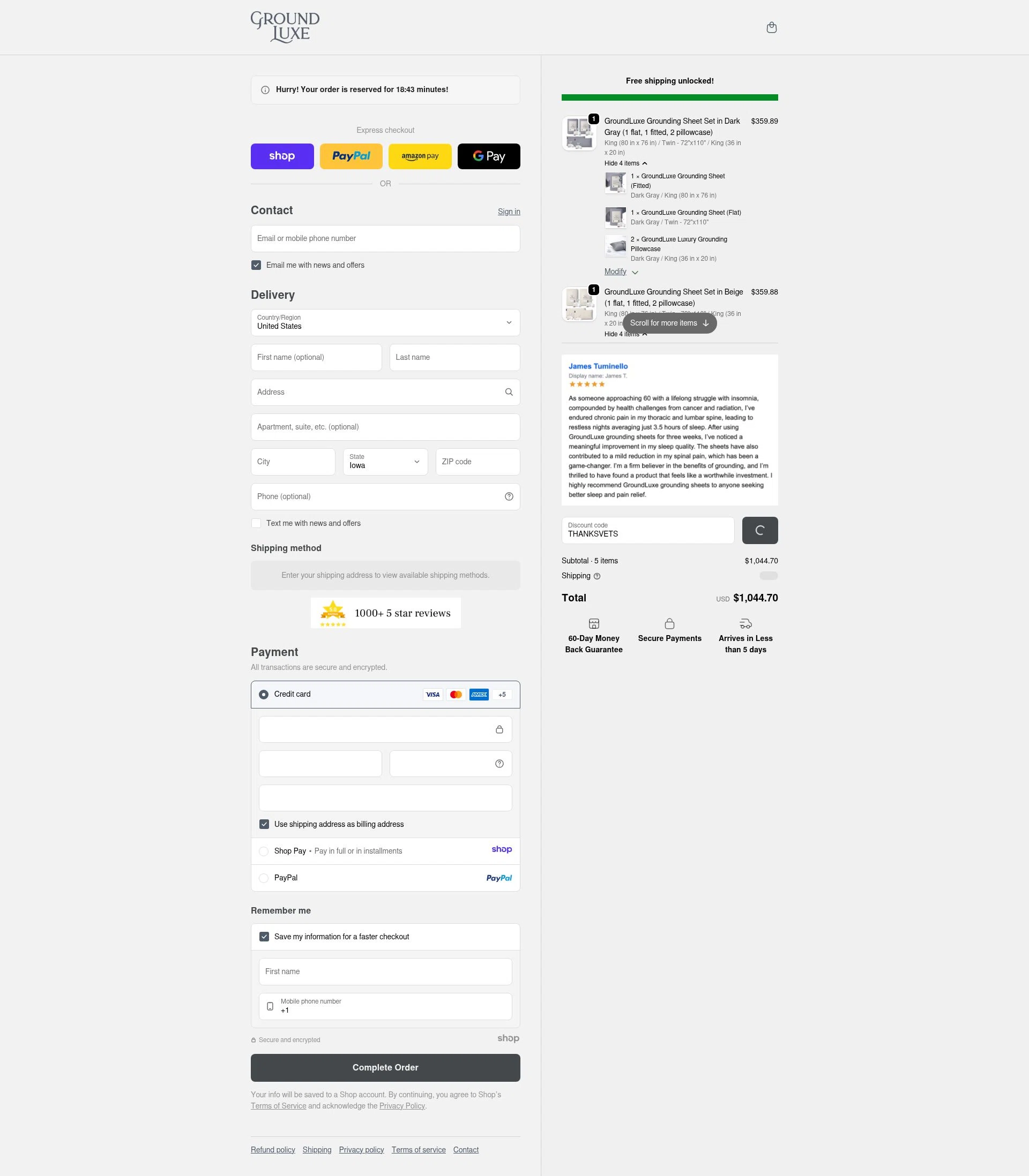 GroundLuxe checkout page showing GroundLuxe discount code box | Screenshot taken by SimplyCodes community member on Jan 8, 2026