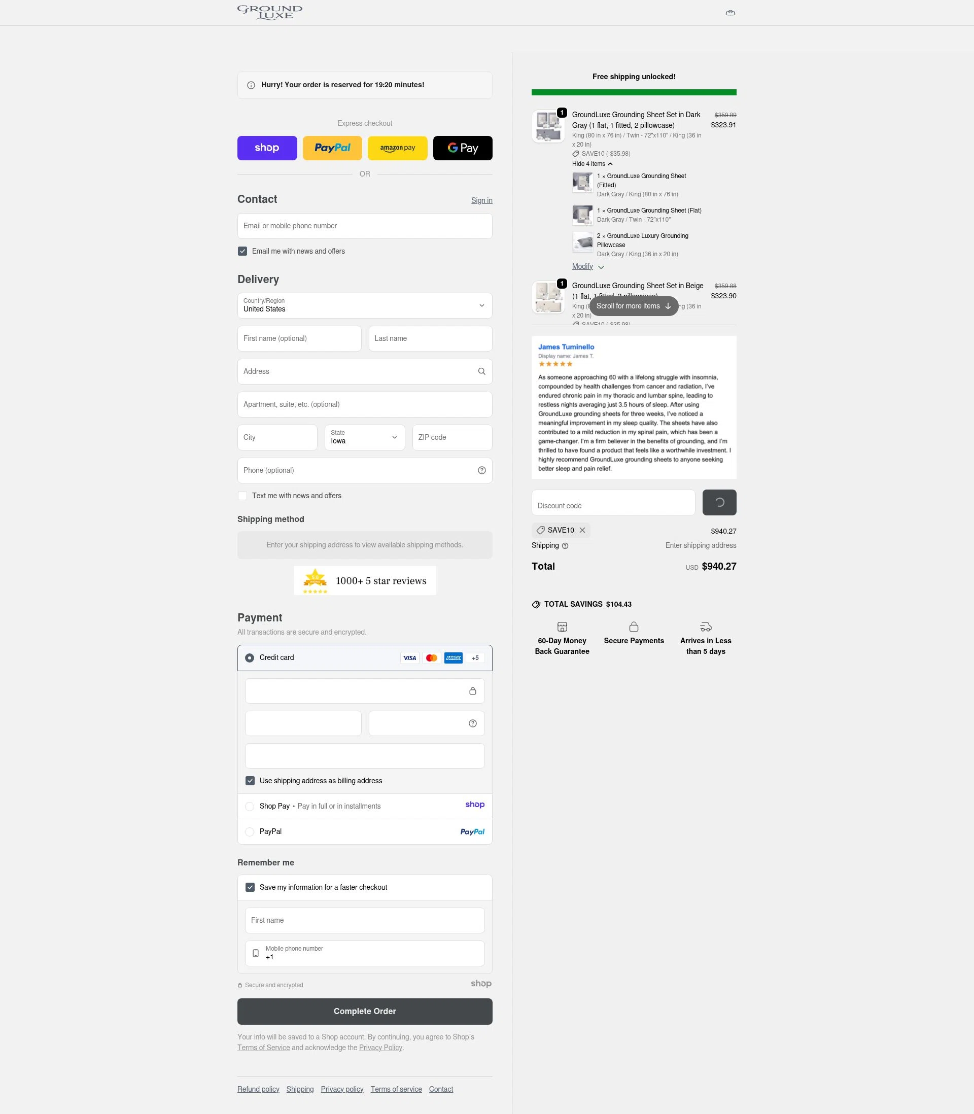 GroundLuxe checkout page showing GroundLuxe discount code box | Screenshot taken by SimplyCodes community member on Jan 8, 2026