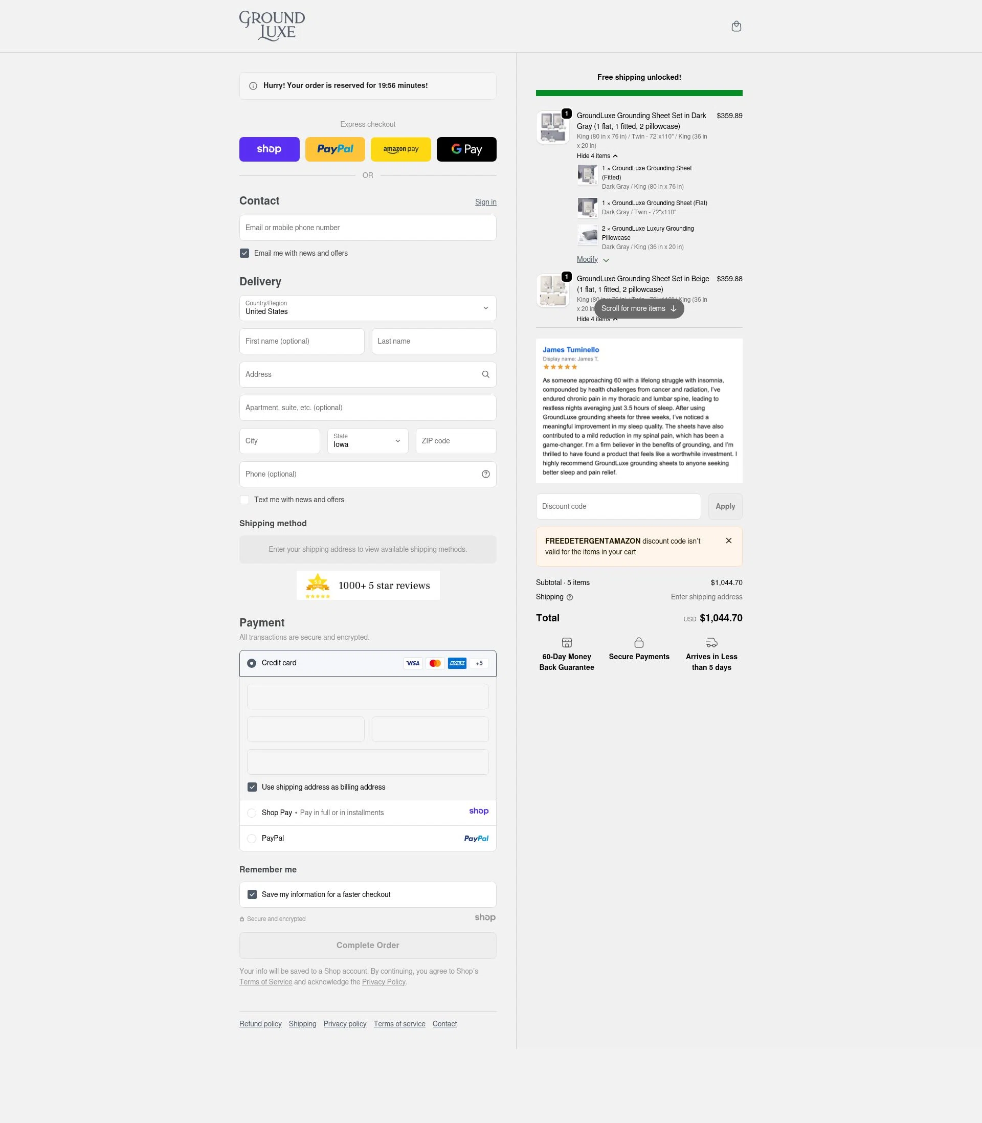 GroundLuxe checkout page showing GroundLuxe discount code box | Screenshot taken by SimplyCodes community member on Jan 8, 2026