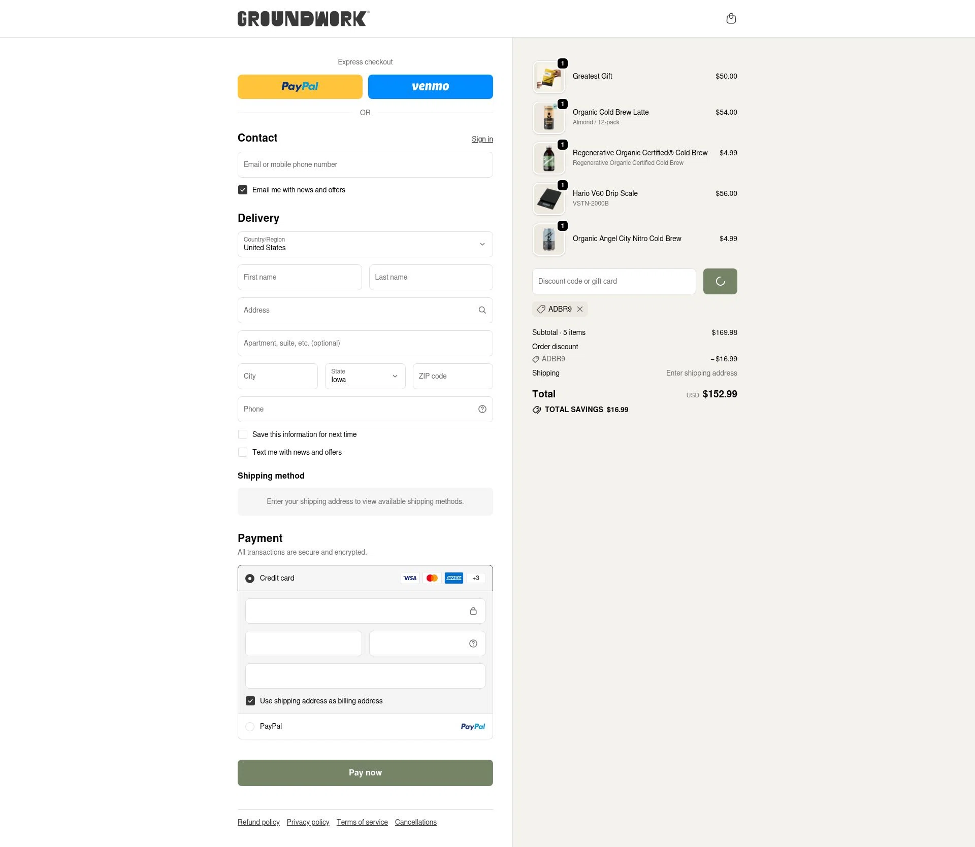 Groundwork Coffee checkout page showing Groundwork Coffee promo code box | Screenshot taken by SimplyCodes community member on Feb 5, 2026