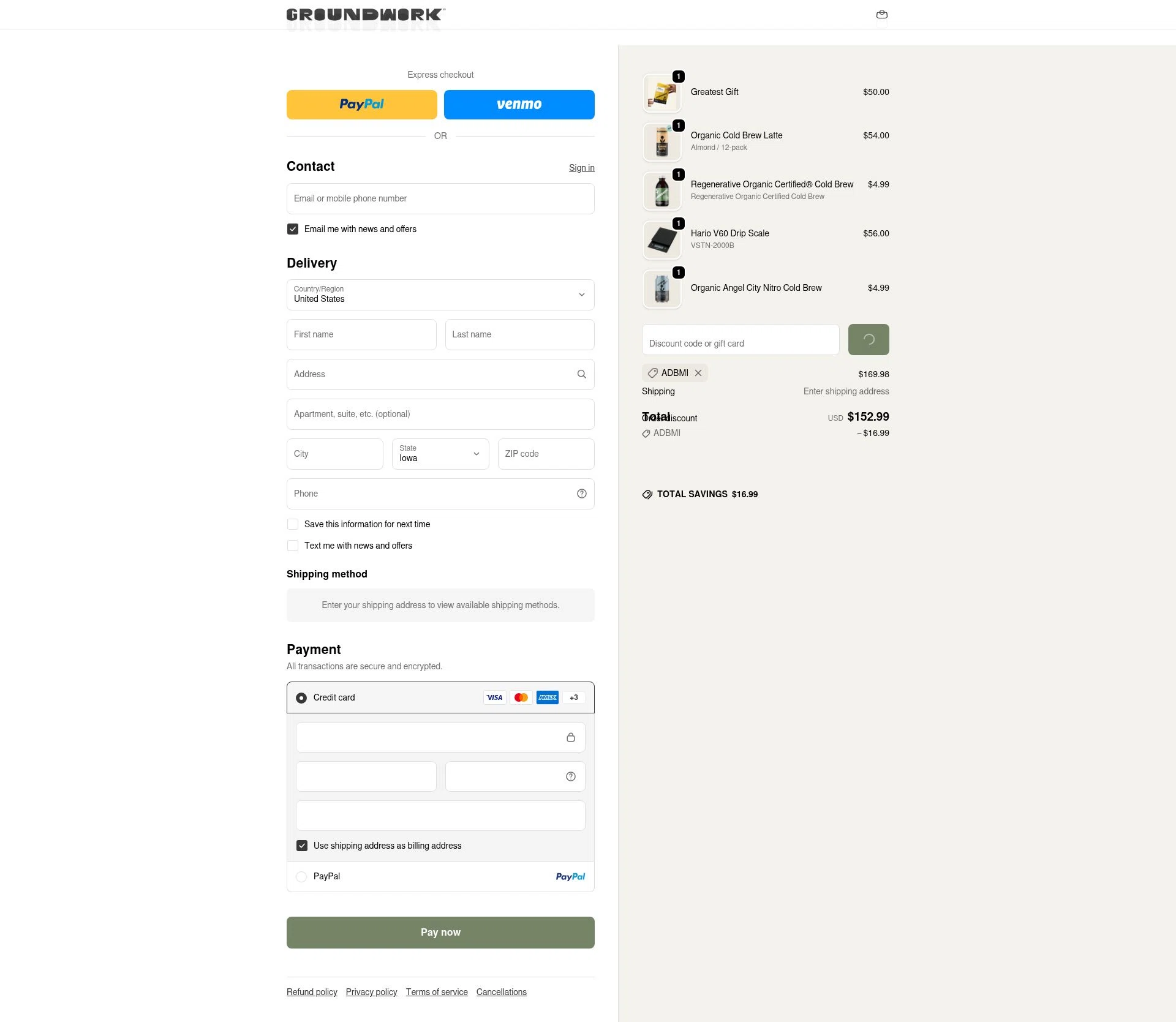 Groundwork Coffee checkout page showing Groundwork Coffee promo code box | Screenshot taken by SimplyCodes community member on Feb 5, 2026