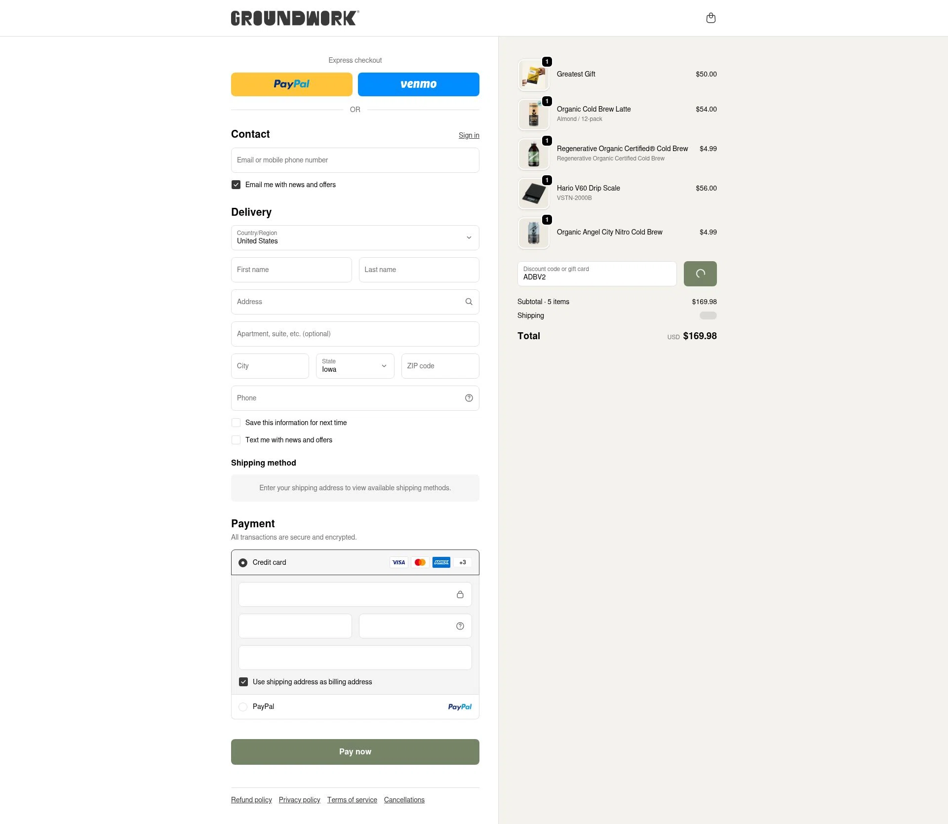 Groundwork Coffee checkout page showing Groundwork Coffee promo code box | Screenshot taken by SimplyCodes community member on Feb 5, 2026