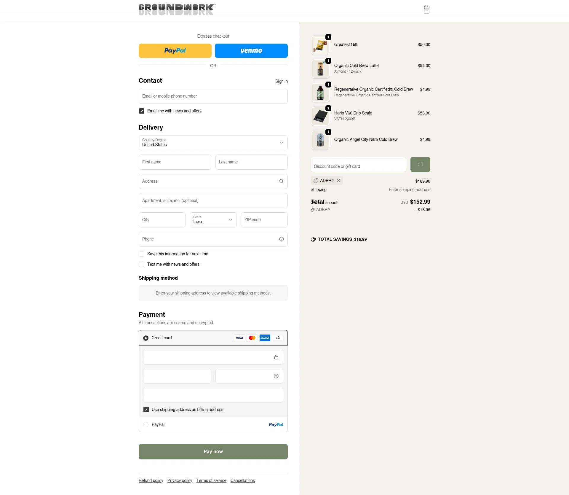 Groundwork Coffee checkout page showing Groundwork Coffee promo code box | Screenshot taken by SimplyCodes community member on Feb 5, 2026