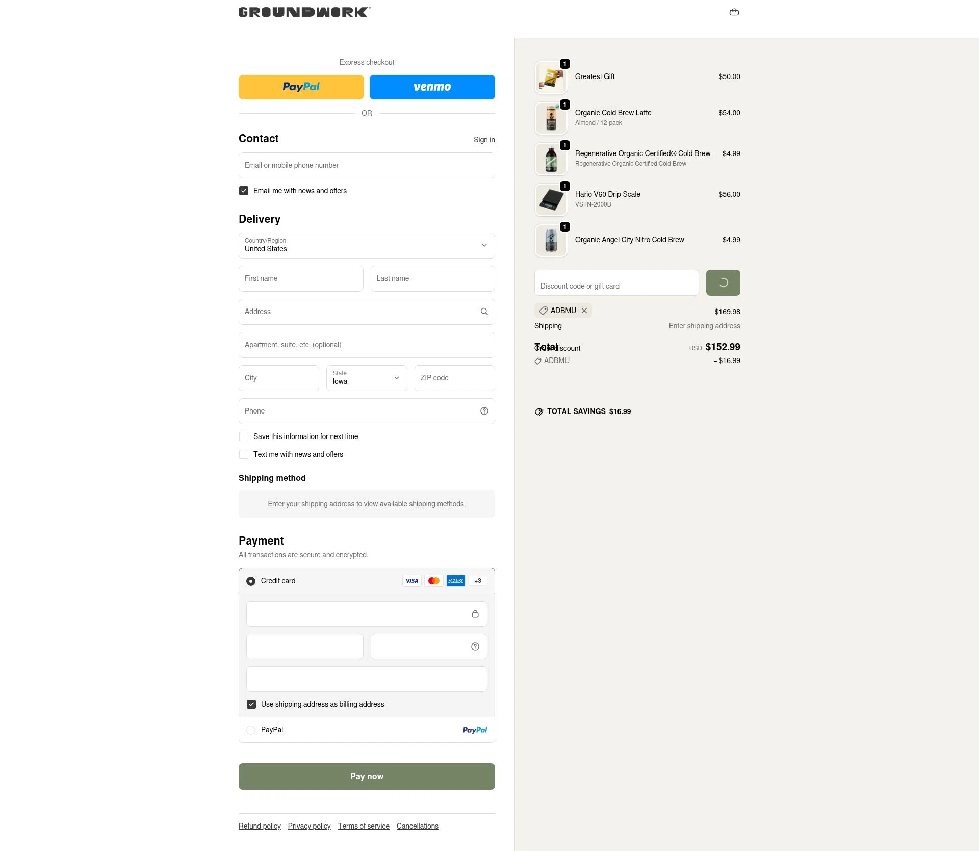 Groundwork Coffee checkout page showing Groundwork Coffee promo code box | Screenshot taken by SimplyCodes community member on Feb 5, 2026