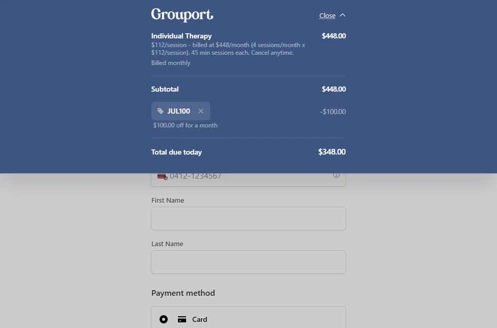 Grouport Online Therapy checkout page showing Grouport Online Therapy promo code box | Screenshot taken by SimplyCodes community member on Sep 21, 2025