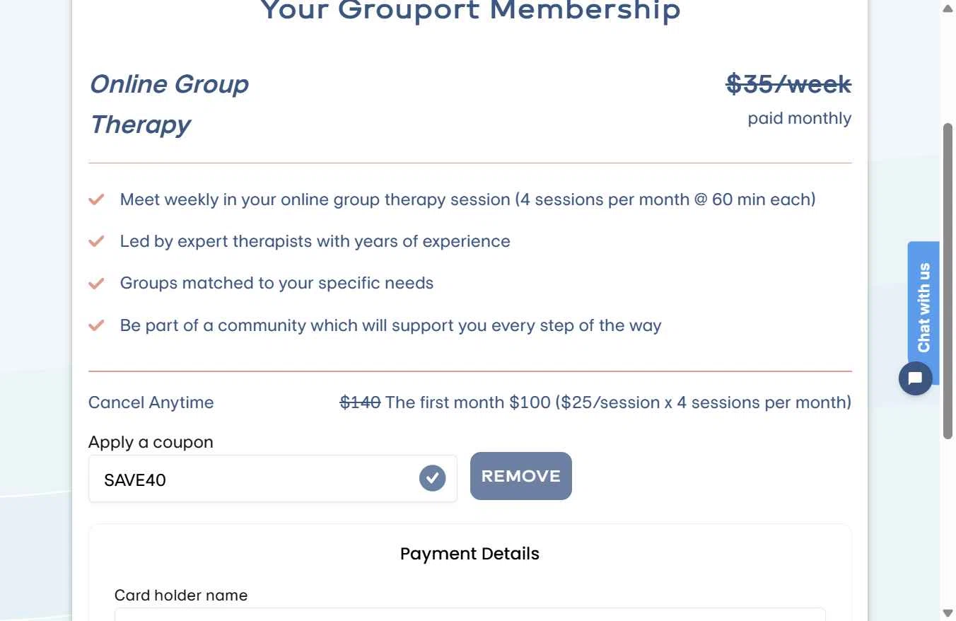Grouport Online Therapy checkout page showing Grouport Online Therapy promo code box | Screenshot taken by SimplyCodes community member on Dec 2, 2025