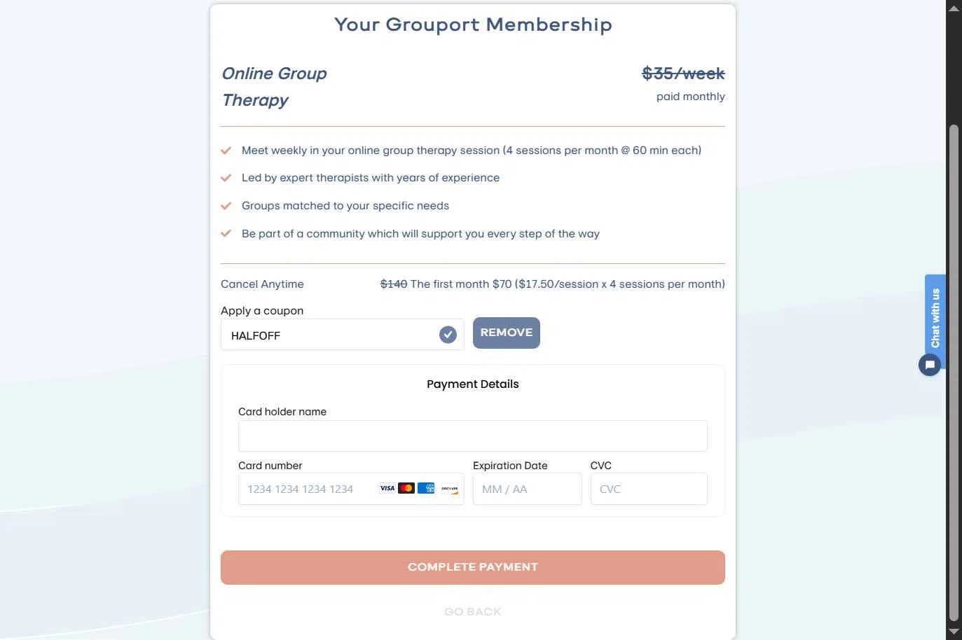 Grouport Online Therapy checkout page showing Grouport Online Therapy promo code box | Screenshot taken by SimplyCodes community member on Jan 28, 2026