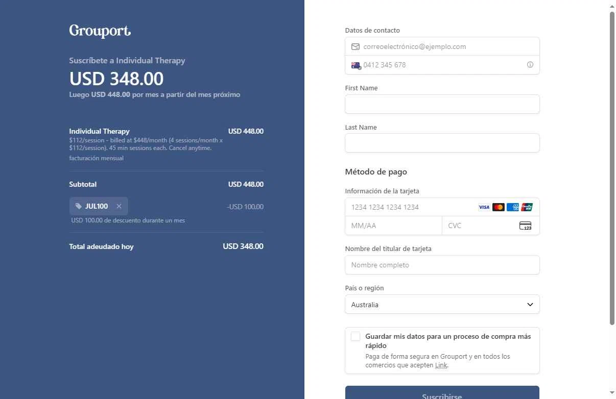 Grouport Online Therapy checkout page showing Grouport Online Therapy promo code box | Screenshot taken by SimplyCodes community member on Sep 21, 2025