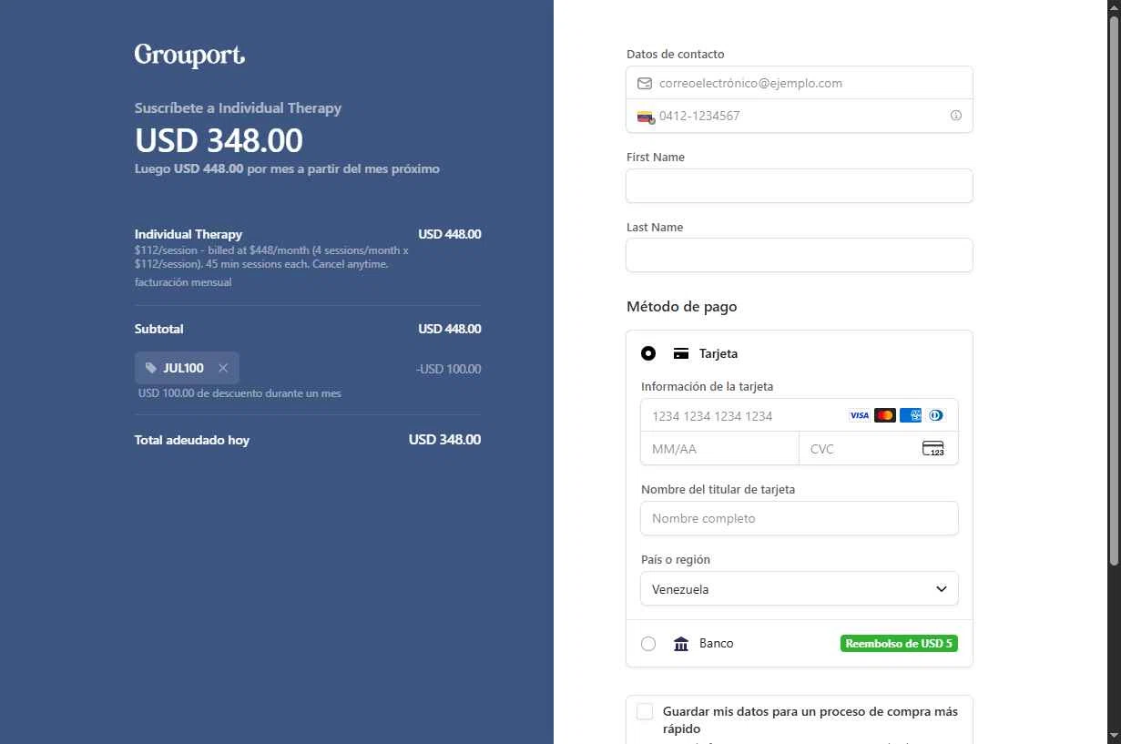 Grouport Online Therapy checkout page showing Grouport Online Therapy promo code box | Screenshot taken by SimplyCodes community member on Sep 21, 2025