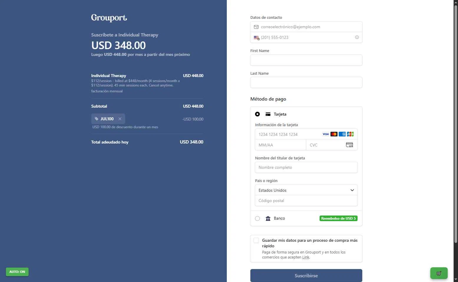 Grouport Online Therapy checkout page showing Grouport Online Therapy promo code box | Screenshot taken by SimplyCodes community member on Sep 21, 2025