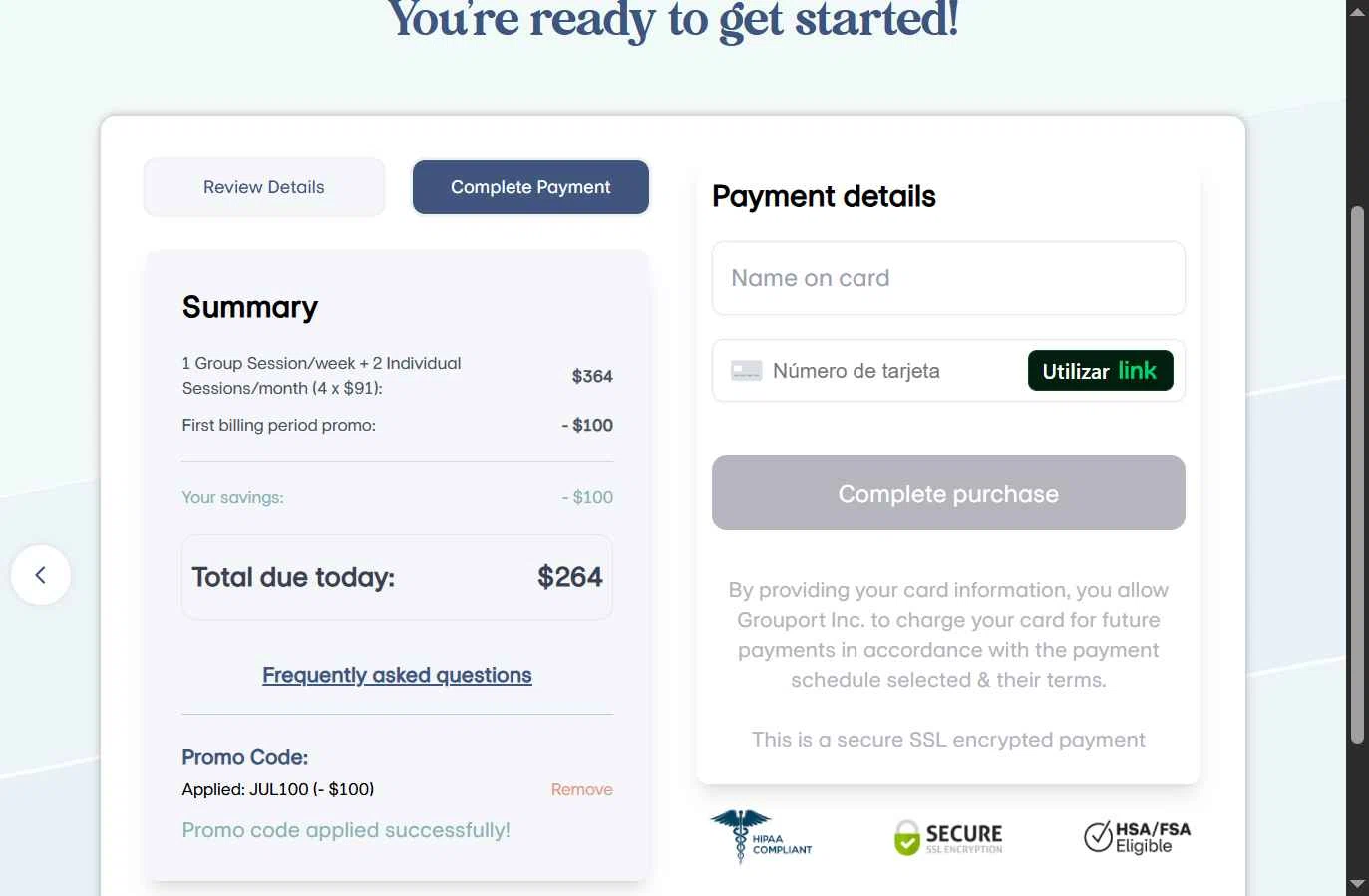 Grouport Online Therapy checkout page showing Grouport Online Therapy promo code box | Screenshot taken by SimplyCodes community member on Jan 7, 2026