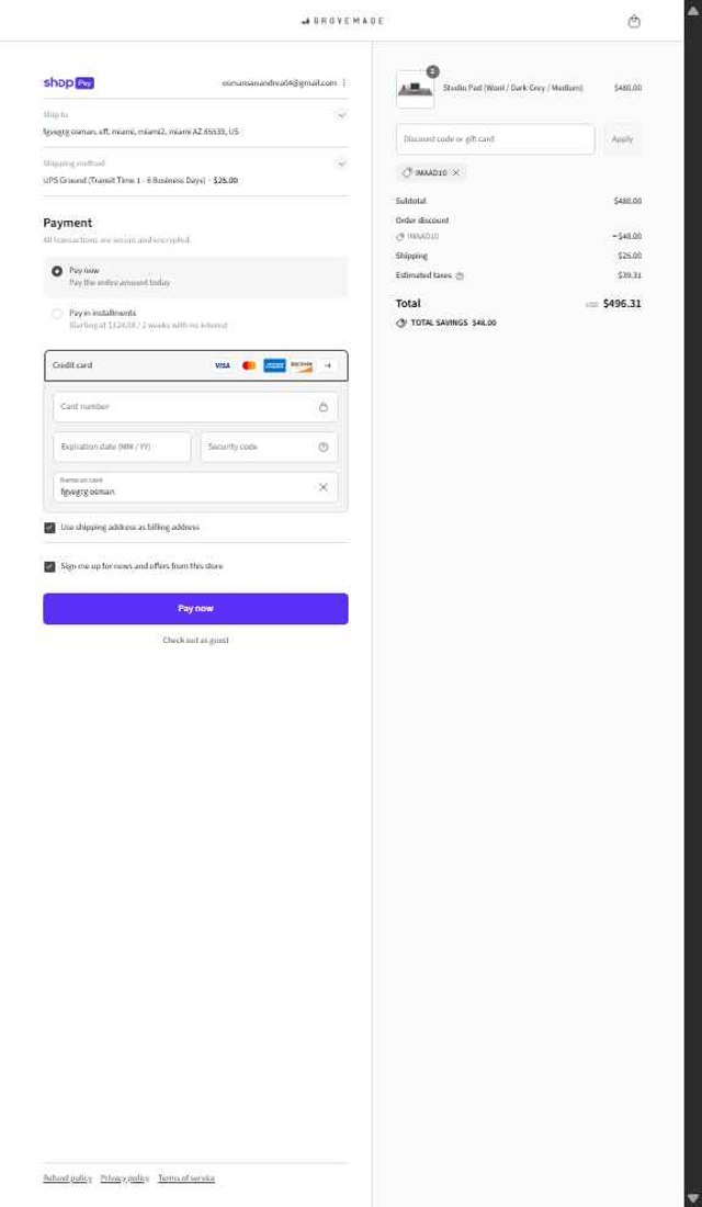 Grovemade checkout page showing Grovemade discount code box | Screenshot taken by SimplyCodes community member on Aug 24, 2025