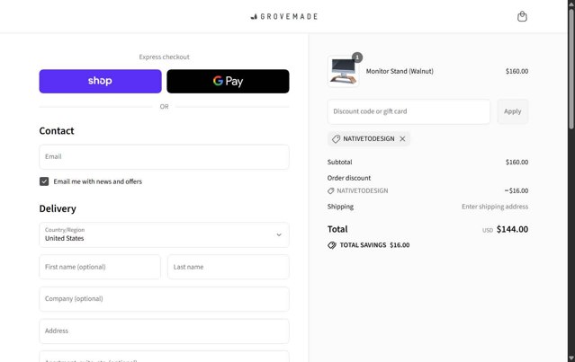 Grovemade checkout page showing Grovemade discount code box | Screenshot taken by SimplyCodes community member on Aug 31, 2025