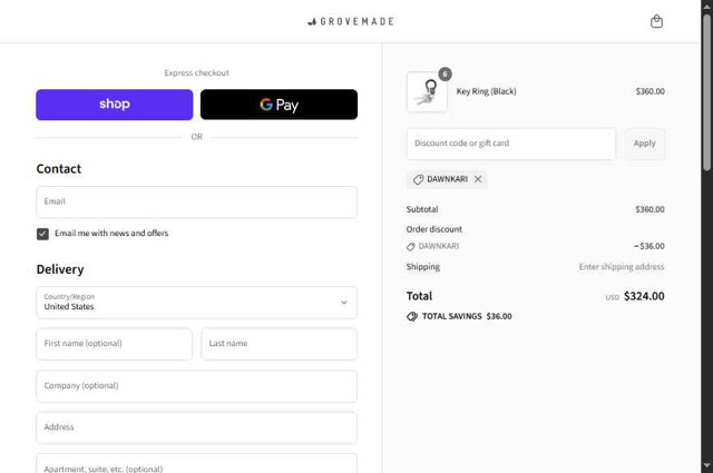 Grovemade checkout page showing Grovemade discount code box | Screenshot taken by SimplyCodes community member on Sep 3, 2025