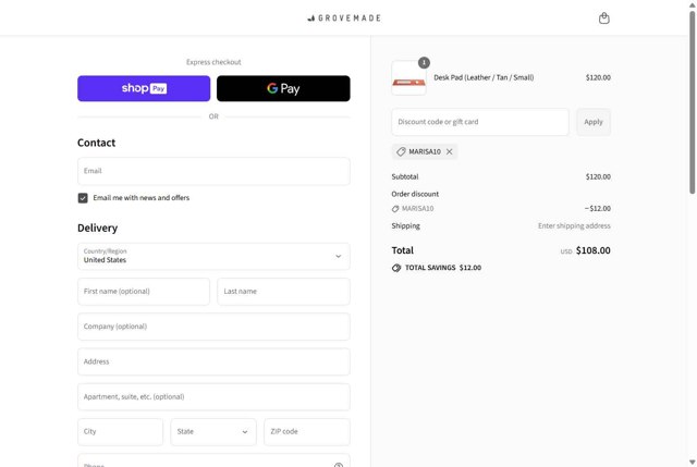 Grovemade checkout page showing Grovemade discount code box | Screenshot taken by SimplyCodes community member on Aug 24, 2025