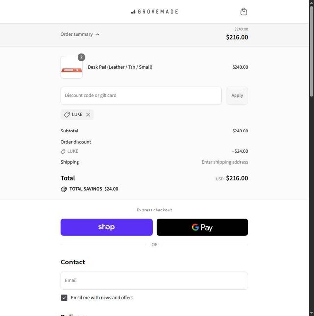 Grovemade checkout page showing Grovemade discount code box | Screenshot taken by SimplyCodes community member on Aug 31, 2025