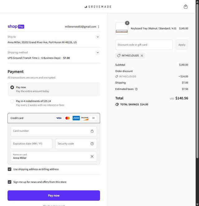 Grovemade checkout page showing Grovemade discount code box | Screenshot taken by SimplyCodes community member on Aug 27, 2025