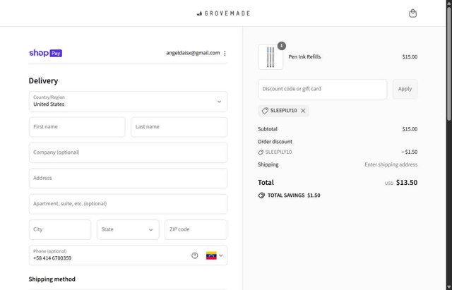 Grovemade checkout page showing Grovemade discount code box | Screenshot taken by SimplyCodes community member on Aug 25, 2025
