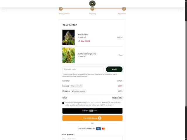 Growers Choice Seeds checkout page showing Growers Choice Seeds promo code box | Screenshot taken by SimplyCodes community member on Aug 26, 2025