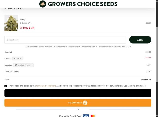 Growers Choice Seeds checkout page showing Growers Choice Seeds promo code box | Screenshot taken by SimplyCodes community member on Aug 26, 2025