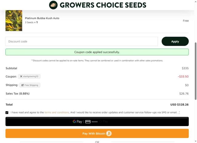 Growers Choice Seeds checkout page showing Growers Choice Seeds promo code box | Screenshot taken by SimplyCodes community member on Aug 9, 2025