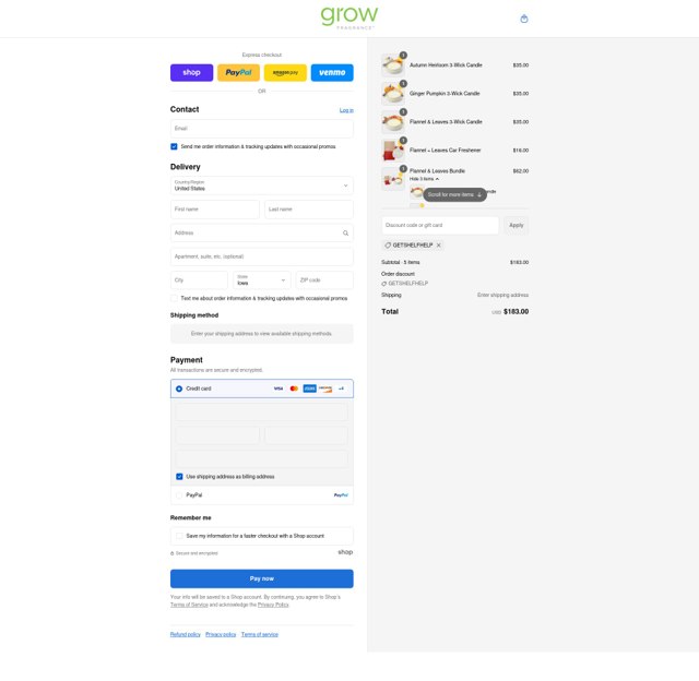 Grow Fragrance checkout page showing Grow Fragrance coupon code box | Screenshot taken by SimplyCodes community member on Sep 4, 2025