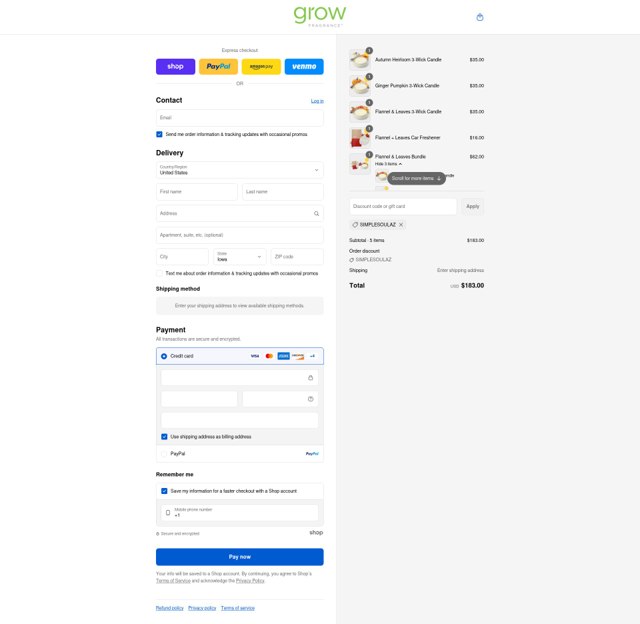 Grow Fragrance checkout page showing Grow Fragrance coupon code box | Screenshot taken by SimplyCodes community member on Sep 4, 2025