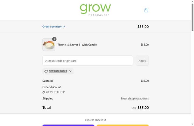 Grow Fragrance checkout page showing Grow Fragrance coupon code box | Screenshot taken by SimplyCodes community member on Sep 2, 2025