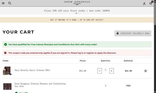 Grow Gorgeous checkout page showing Grow Gorgeous discount code box | Screenshot taken by SimplyCodes community member on Aug 16, 2025