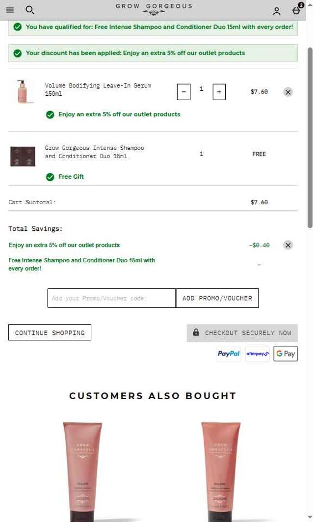 Grow Gorgeous checkout page showing Grow Gorgeous discount code box | Screenshot taken by SimplyCodes community member on Aug 16, 2025