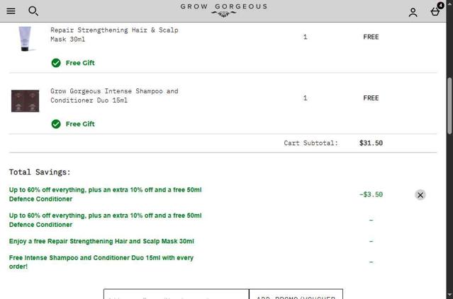 Grow Gorgeous checkout page showing Grow Gorgeous discount code box | Screenshot taken by SimplyCodes community member on Sep 5, 2025