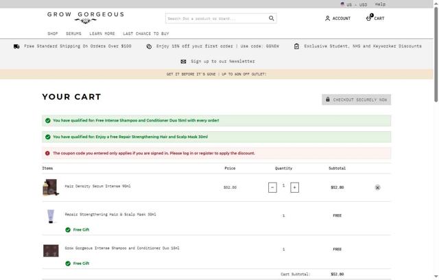 Grow Gorgeous checkout page showing Grow Gorgeous discount code box | Screenshot taken by SimplyCodes community member on Aug 19, 2025