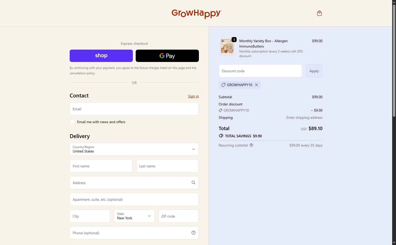 GrowHappy checkout page showing GrowHappy promo code box | Screenshot taken by SimplyCodes community member on Dec 25, 2025